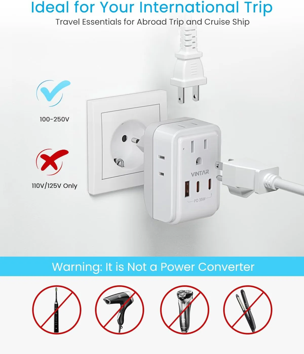1 Pack European Travel Plug Adapter, VINTAR PD 35W Foldable Type C Adapter with 4 AC Outlets 3 USB Ports(2 USB C), Travel Essentials Charger for US to Most of Europe EU Italy Spain France