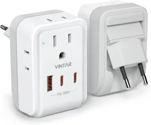 1 Pack European Travel Plug Adapter, VINTAR PD 35W Foldable Type C Adapter with 4 AC Outlets 3 USB Ports(2 USB C), Travel Essentials Charger for US to Most of Europe EU Italy Spain France