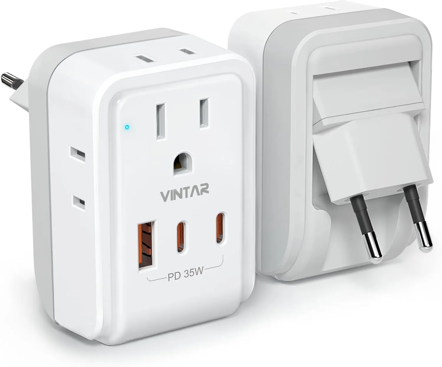 1 Pack European Travel Plug Adapter, VINTAR PD 35W Foldable Type C Adapter with 4 AC Outlets 3 USB Ports(2 USB C), Travel Essentials Charger for US to Most of Europe EU Italy Spain France