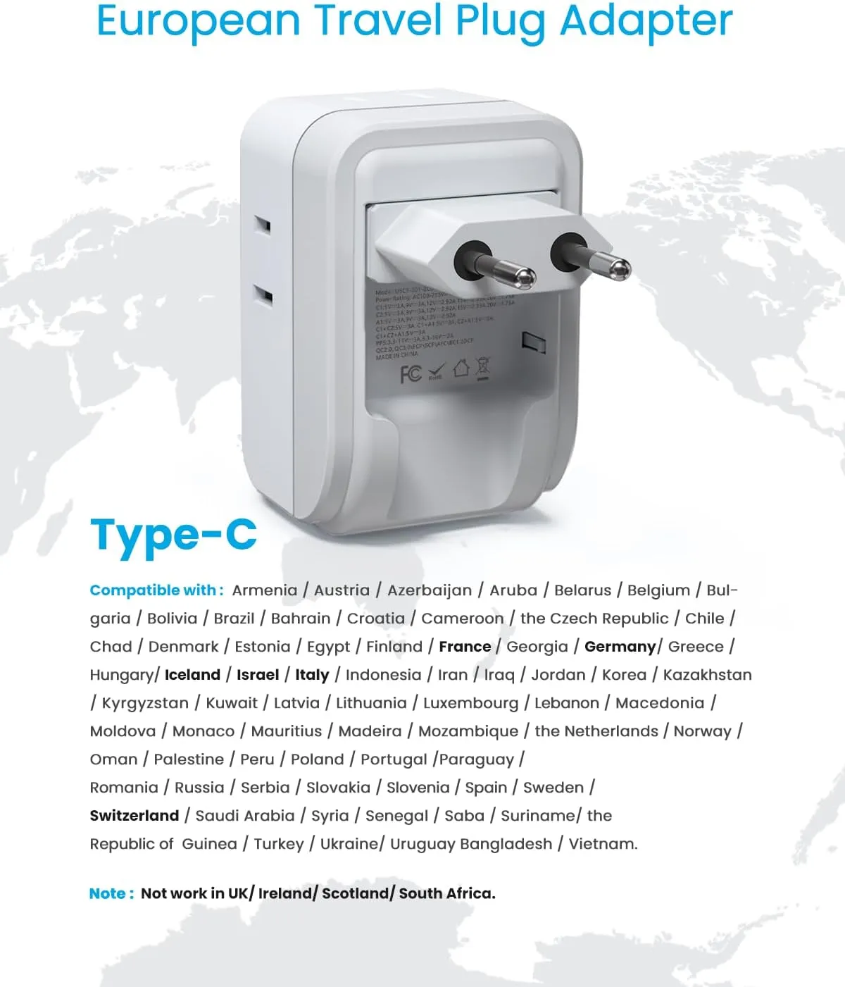 1 Pack European Travel Plug Adapter, VINTAR PD 35W Foldable Type C Adapter with 4 AC Outlets 3 USB Ports(2 USB C), Travel Essentials Charger for US to Most of Europe EU Italy Spain France