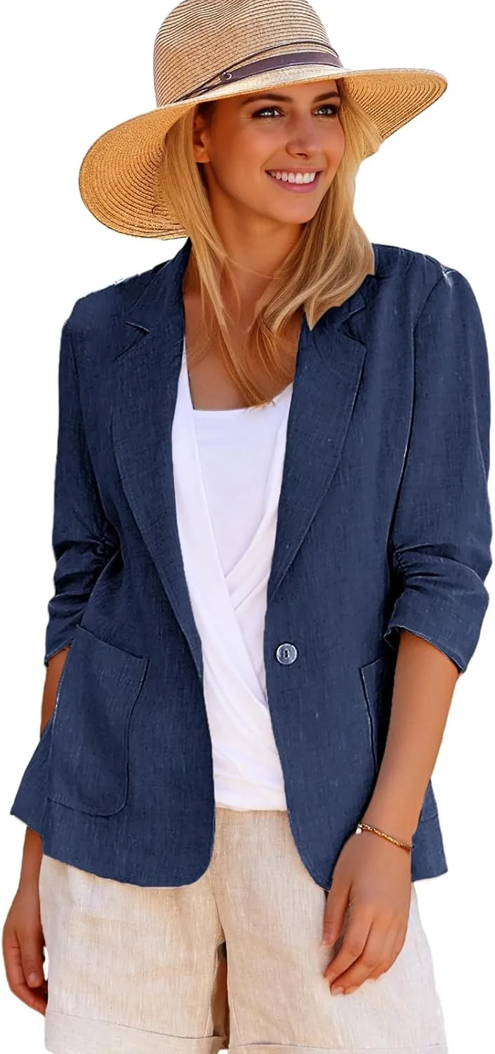 2025 Summer Linen Blazer Women Lightweight 3/4 Stretchy Ruched Sleeve Fully-Lined Casual Work Jacket with Pockets