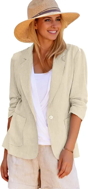 2025 Summer Linen Blazer Women Lightweight 3/4 Stretchy Ruched Sleeve Fully-Lined Casual Work Jacket with Pockets