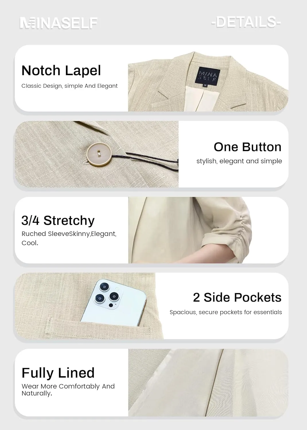 2025 Summer Linen Blazer Women Lightweight 3/4 Stretchy Ruched Sleeve Fully-Lined Casual Work Jacket with Pockets