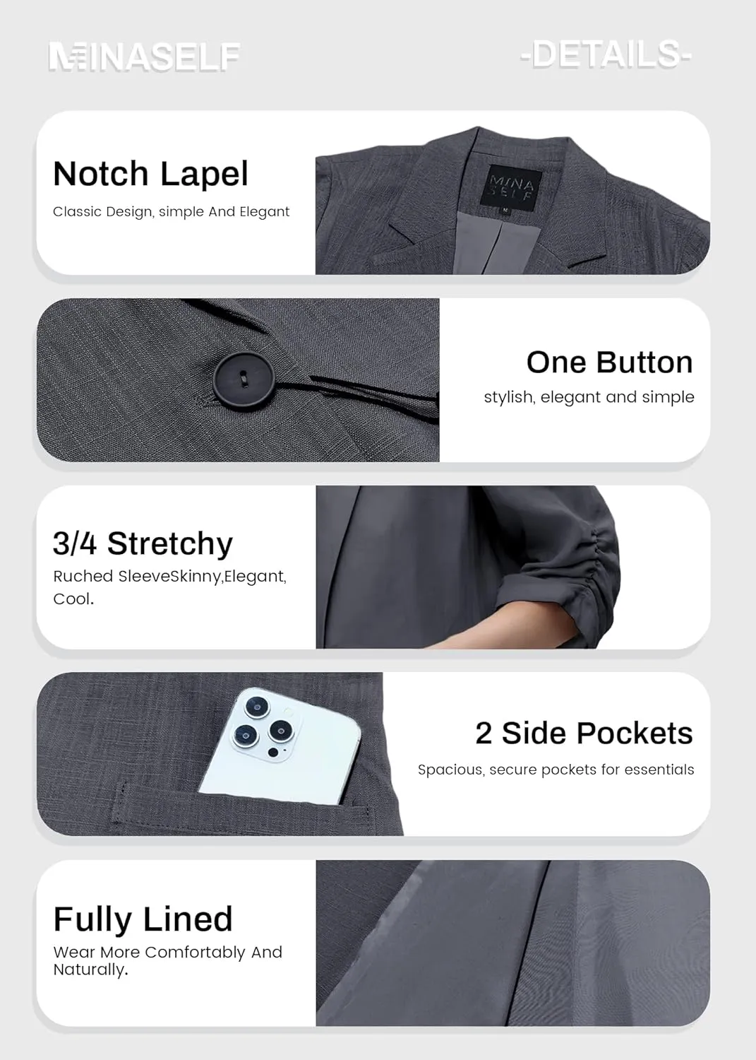 2025 Summer Linen Blazer Women Lightweight 3/4 Stretchy Ruched Sleeve Fully-Lined Casual Work Jacket with Pockets