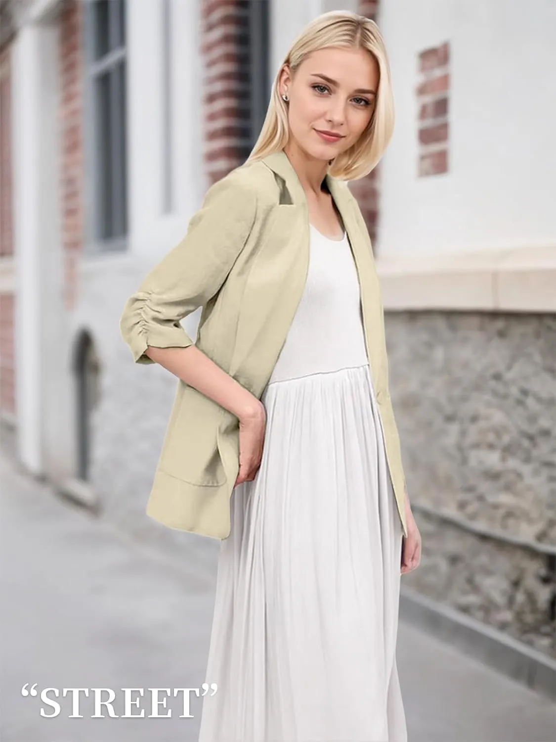 2025 Summer Linen Blazer Women Lightweight 3/4 Stretchy Ruched Sleeve Fully-Lined Casual Work Jacket with Pockets
