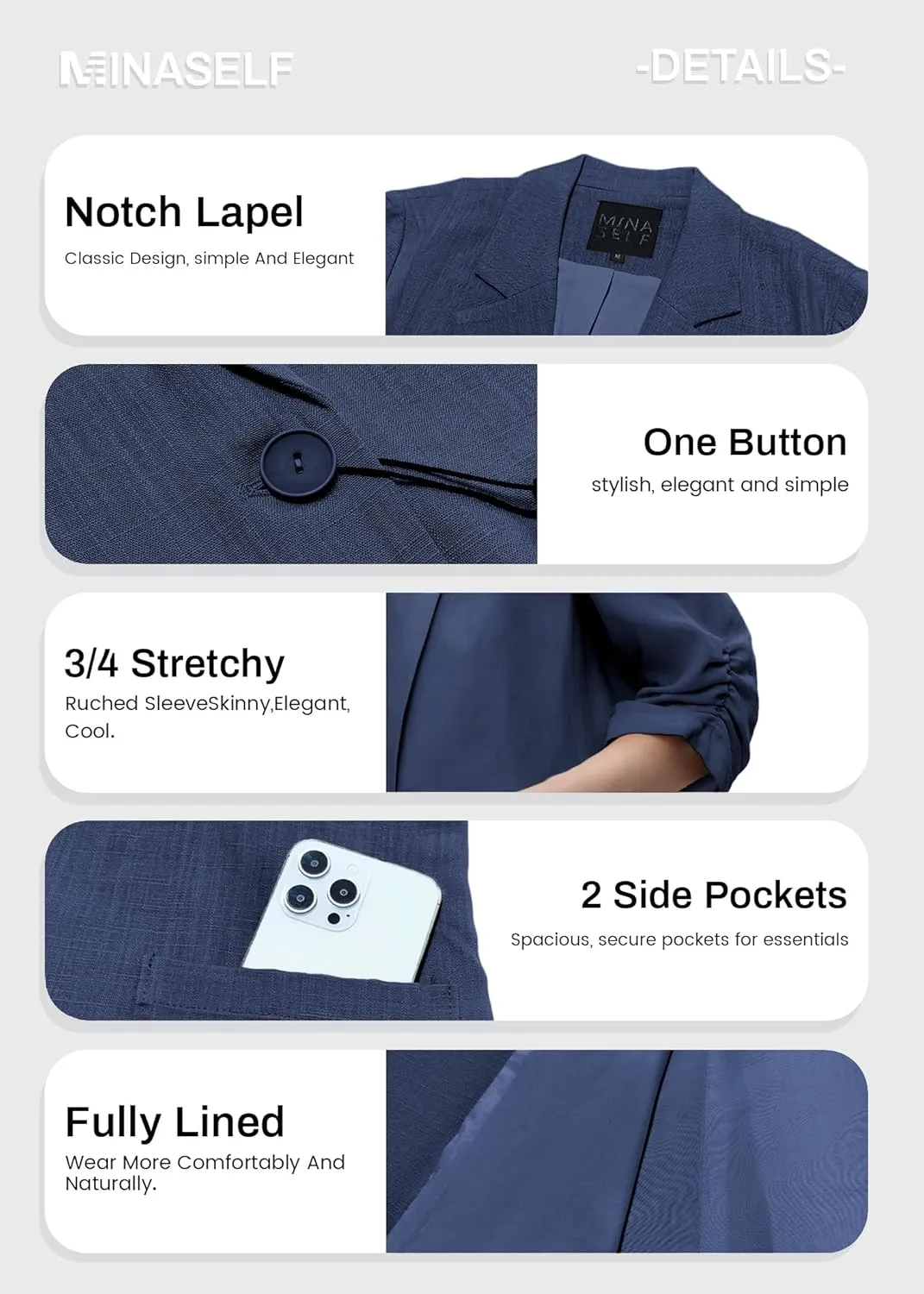 2025 Summer Linen Blazer Women Lightweight 3/4 Stretchy Ruched Sleeve Fully-Lined Casual Work Jacket with Pockets