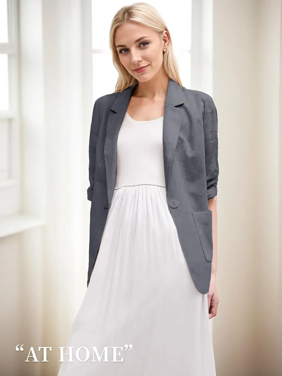 2025 Summer Linen Blazer Women Lightweight 3/4 Stretchy Ruched Sleeve Fully-Lined Casual Work Jacket with Pockets