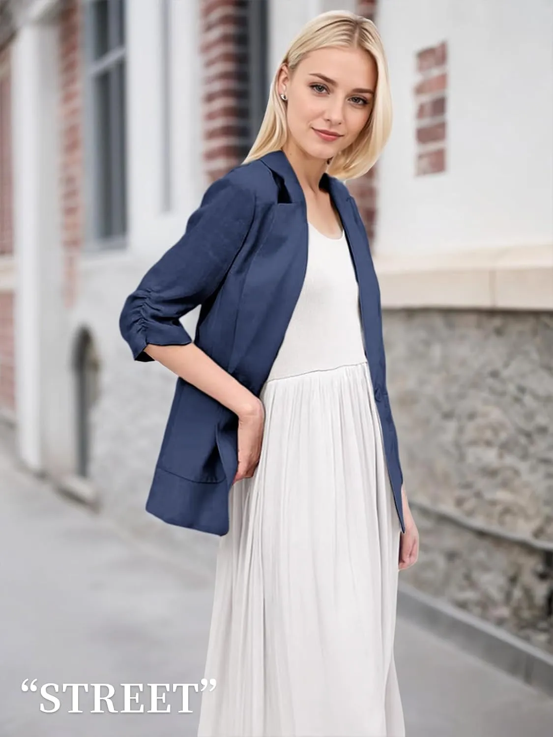 2025 Summer Linen Blazer Women Lightweight 3/4 Stretchy Ruched Sleeve Fully-Lined Casual Work Jacket with Pockets