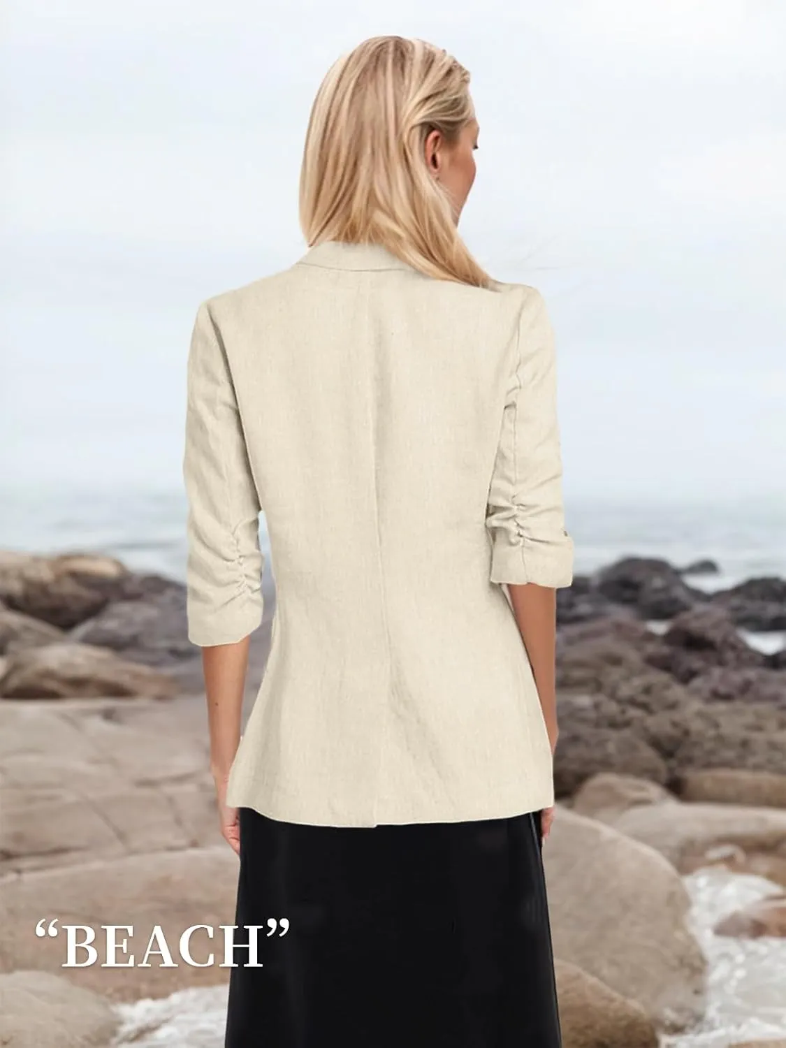2025 Summer Linen Blazer Women Lightweight 3/4 Stretchy Ruched Sleeve Fully-Lined Casual Work Jacket with Pockets