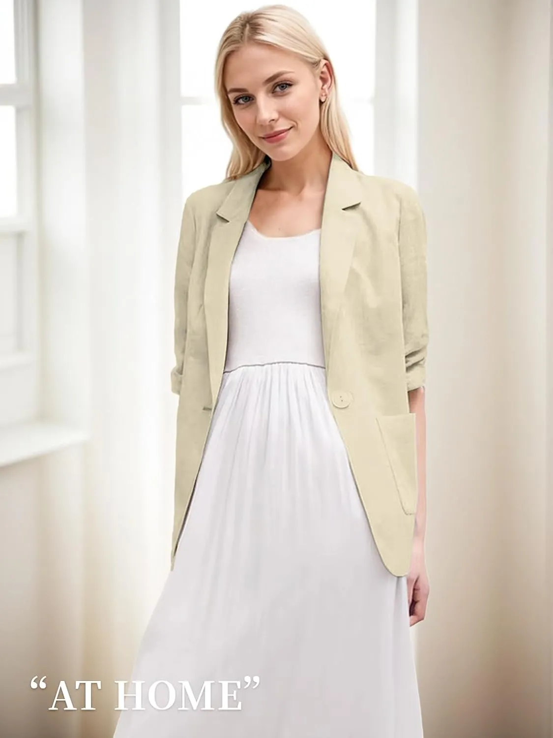 2025 Summer Linen Blazer Women Lightweight 3/4 Stretchy Ruched Sleeve Fully-Lined Casual Work Jacket with Pockets