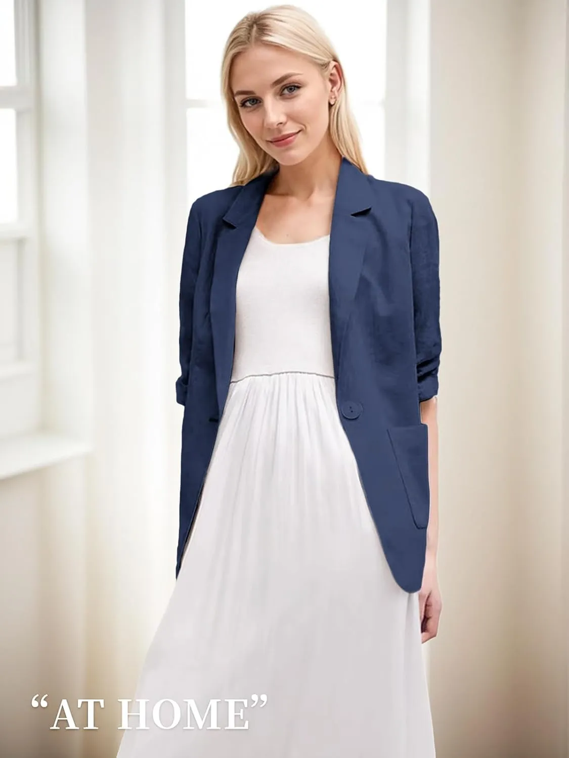 2025 Summer Linen Blazer Women Lightweight 3/4 Stretchy Ruched Sleeve Fully-Lined Casual Work Jacket with Pockets