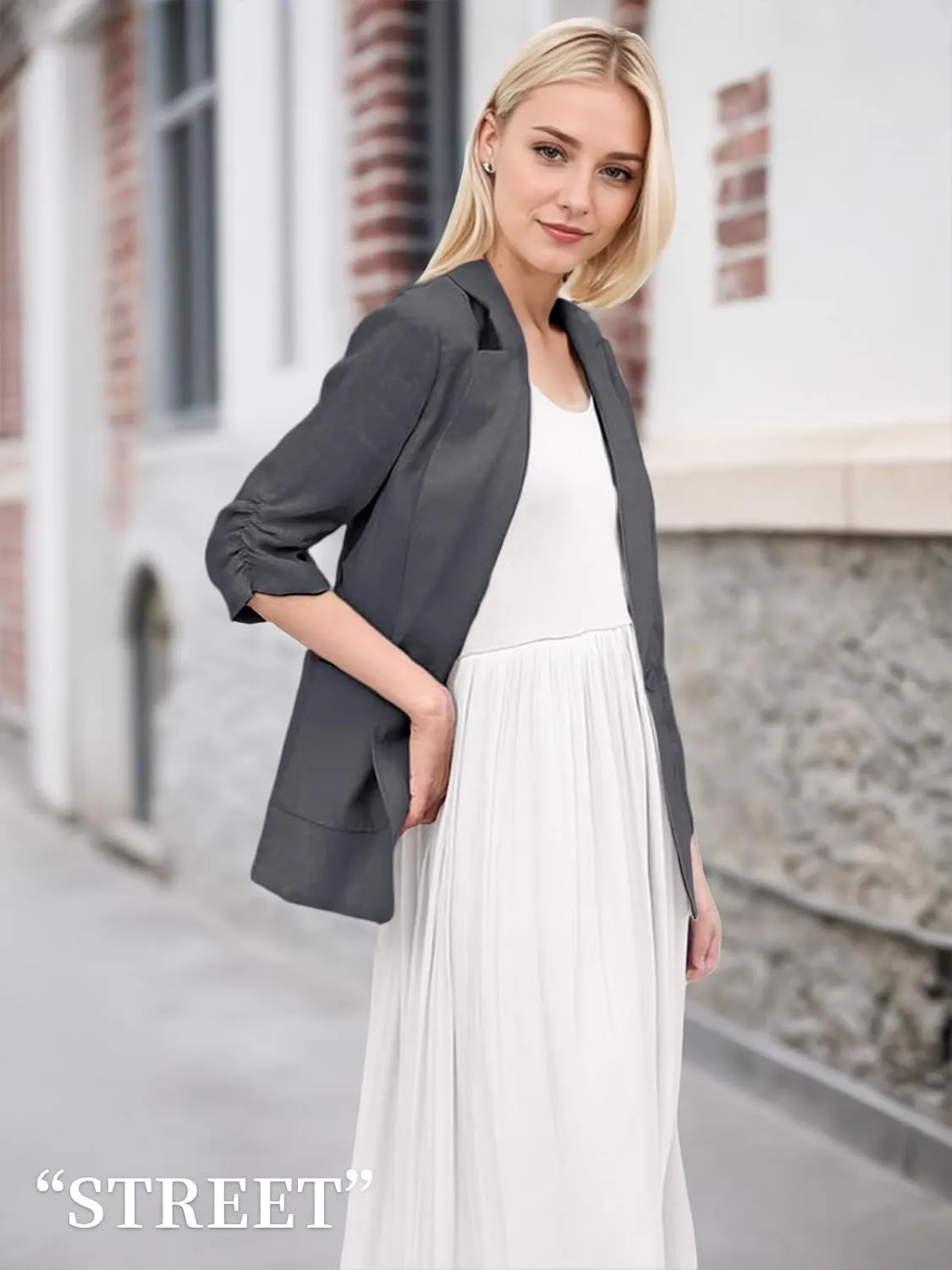 2025 Summer Linen Blazer Women Lightweight 3/4 Stretchy Ruched Sleeve Fully-Lined Casual Work Jacket with Pockets