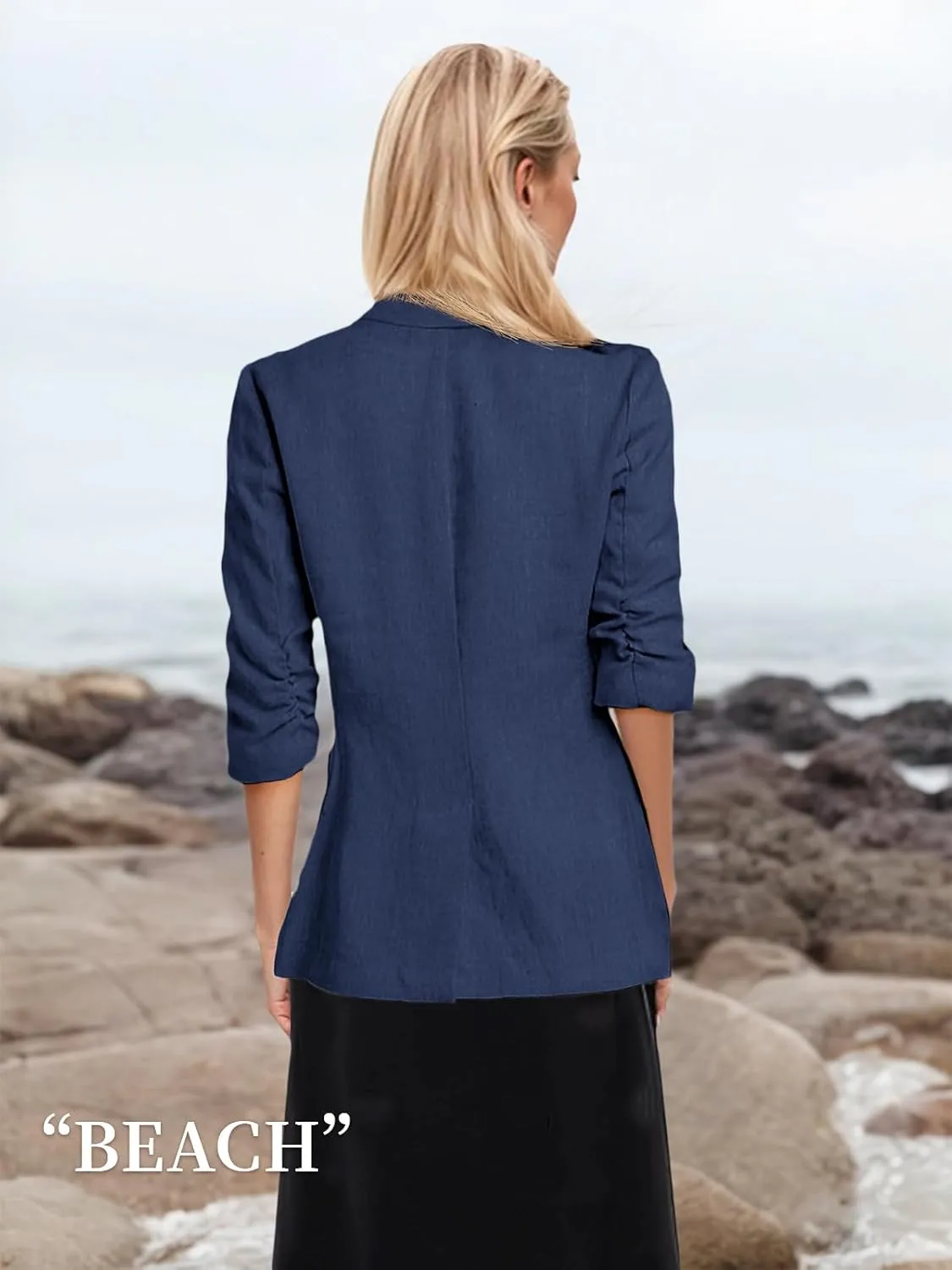 2025 Summer Linen Blazer Women Lightweight 3/4 Stretchy Ruched Sleeve Fully-Lined Casual Work Jacket with Pockets