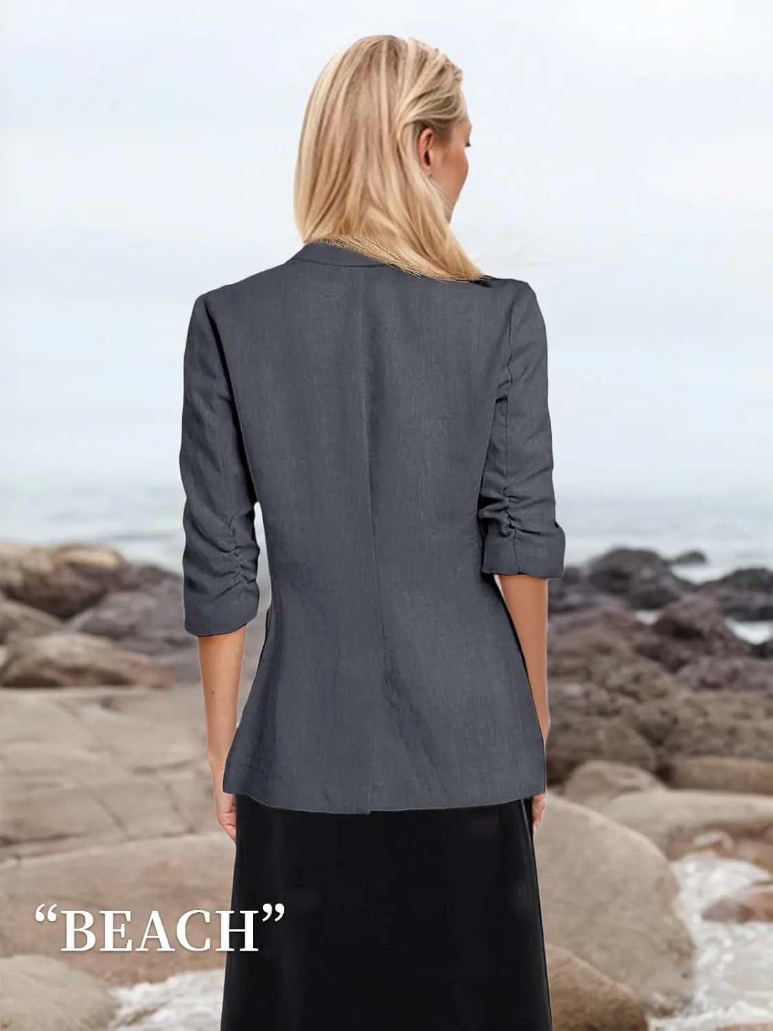 2025 Summer Linen Blazer Women Lightweight 3/4 Stretchy Ruched Sleeve Fully-Lined Casual Work Jacket with Pockets