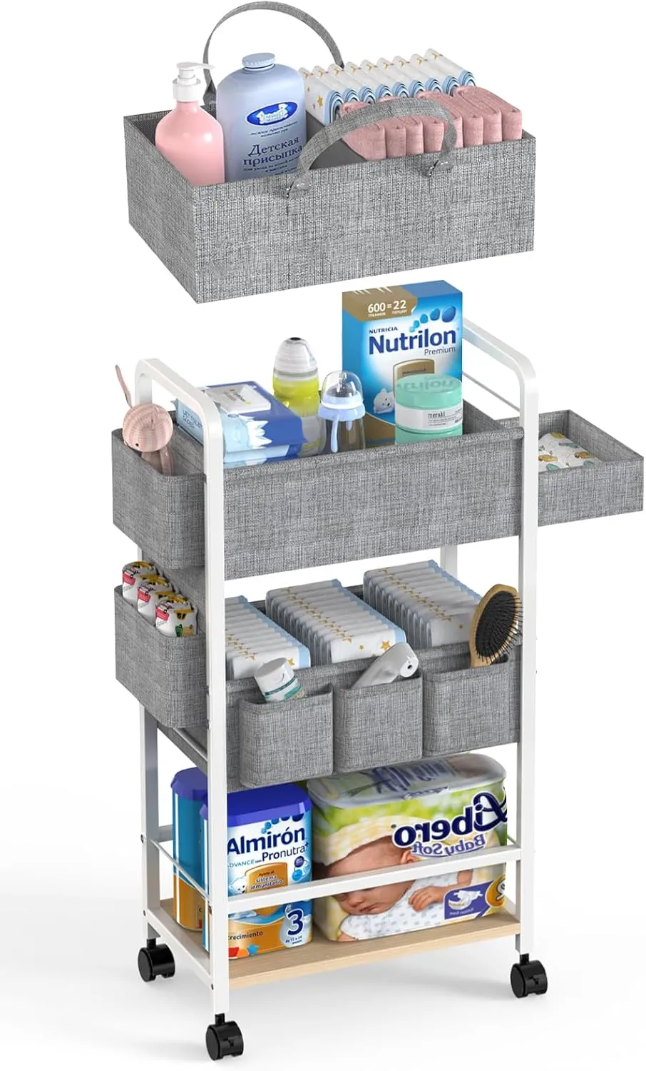 2in1 Baby Diaper Cart, Diaper Caddy & 4-Tier Organizer Cart With Wheels, Rolling Cart With Dividers & Dust-proof Drawer, Metal Bedside Cart for Nursery Essentials Storage, White