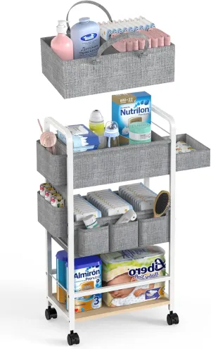 2in1 Baby Diaper Cart, Diaper Caddy & 4-Tier Organizer Cart With Wheels, Rolling Cart With Dividers & Dust-proof Drawer, Metal Bedside Cart for Nursery Essentials Storage, White