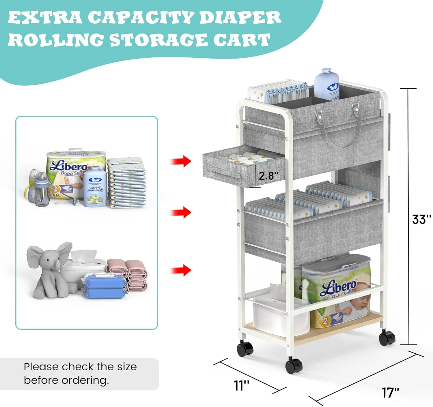 2in1 Baby Diaper Cart, Diaper Caddy & 4-Tier Organizer Cart With Wheels, Rolling Cart With Dividers & Dust-proof Drawer, Metal Bedside Cart for Nursery Essentials Storage, White