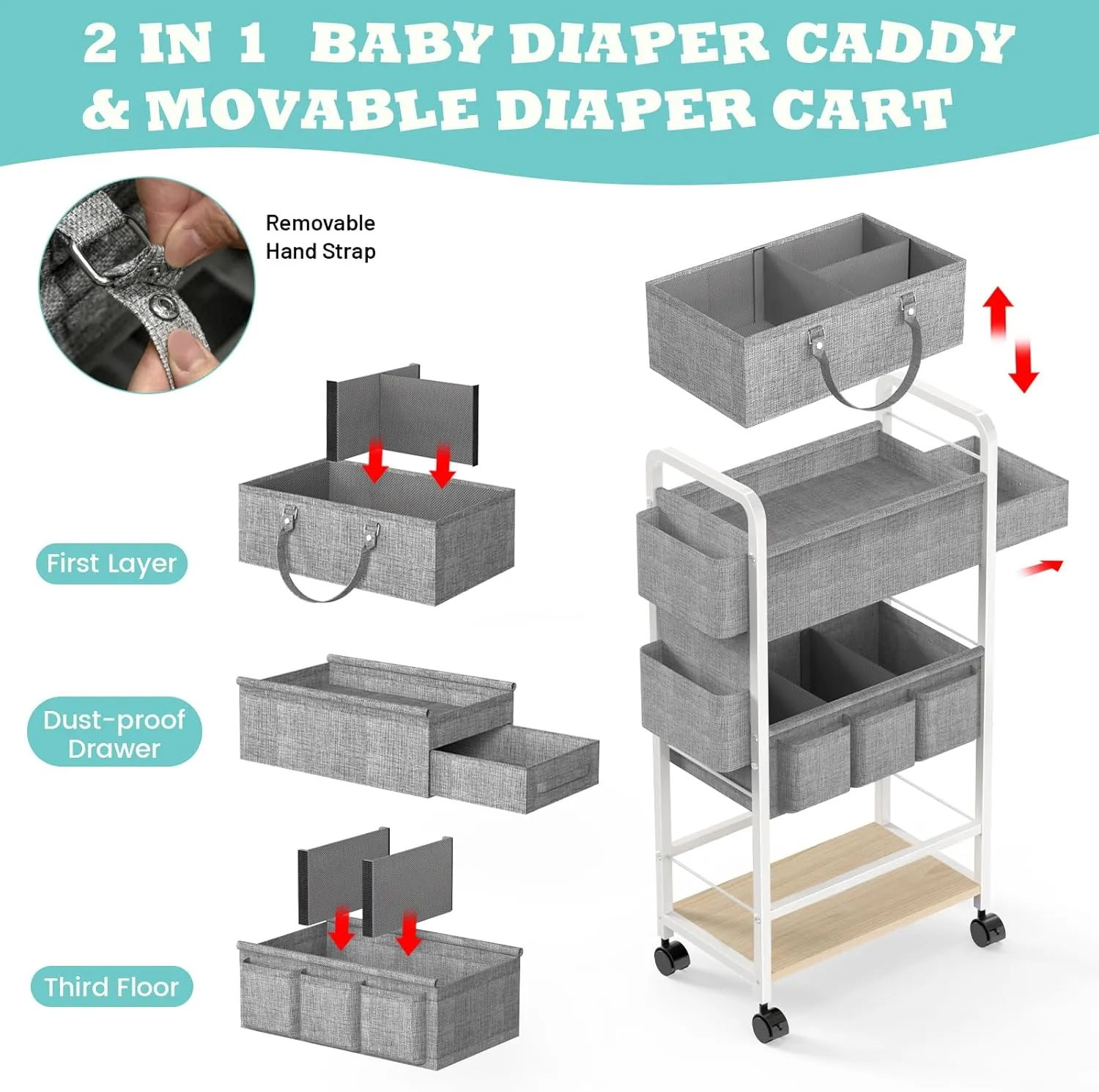 2in1 Baby Diaper Cart, Diaper Caddy & 4-Tier Organizer Cart With Wheels, Rolling Cart With Dividers & Dust-proof Drawer, Metal Bedside Cart for Nursery Essentials Storage, White