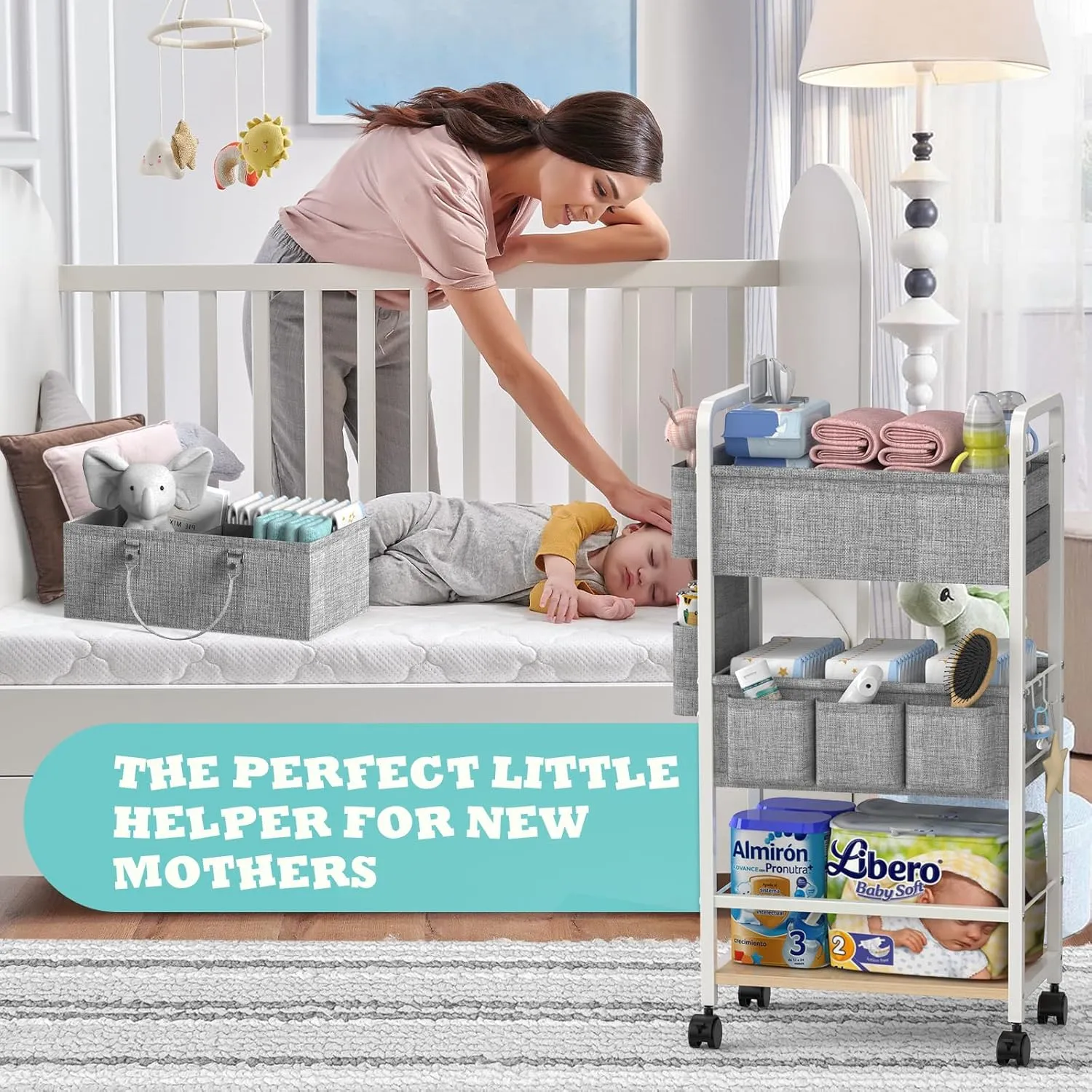 2in1 Baby Diaper Cart, Diaper Caddy & 4-Tier Organizer Cart With Wheels, Rolling Cart With Dividers & Dust-proof Drawer, Metal Bedside Cart for Nursery Essentials Storage, White