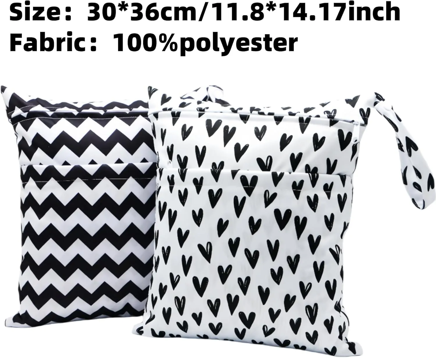 2pcs Cloth Diaper Wet Dry Bags Waterproof Reusable with Two Zippered Pockets Travel Beach Pool Daycare Soiled Baby Items Yoga Gym Bag for Swimsuits or Wet Clothes (BLACK HEART)