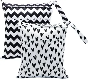 2pcs Cloth Diaper Wet Dry Bags Waterproof Reusable with Two Zippered Pockets Travel Beach Pool Daycare Soiled Baby Items Yoga Gym Bag for Swimsuits or Wet Clothes (BLACK HEART)