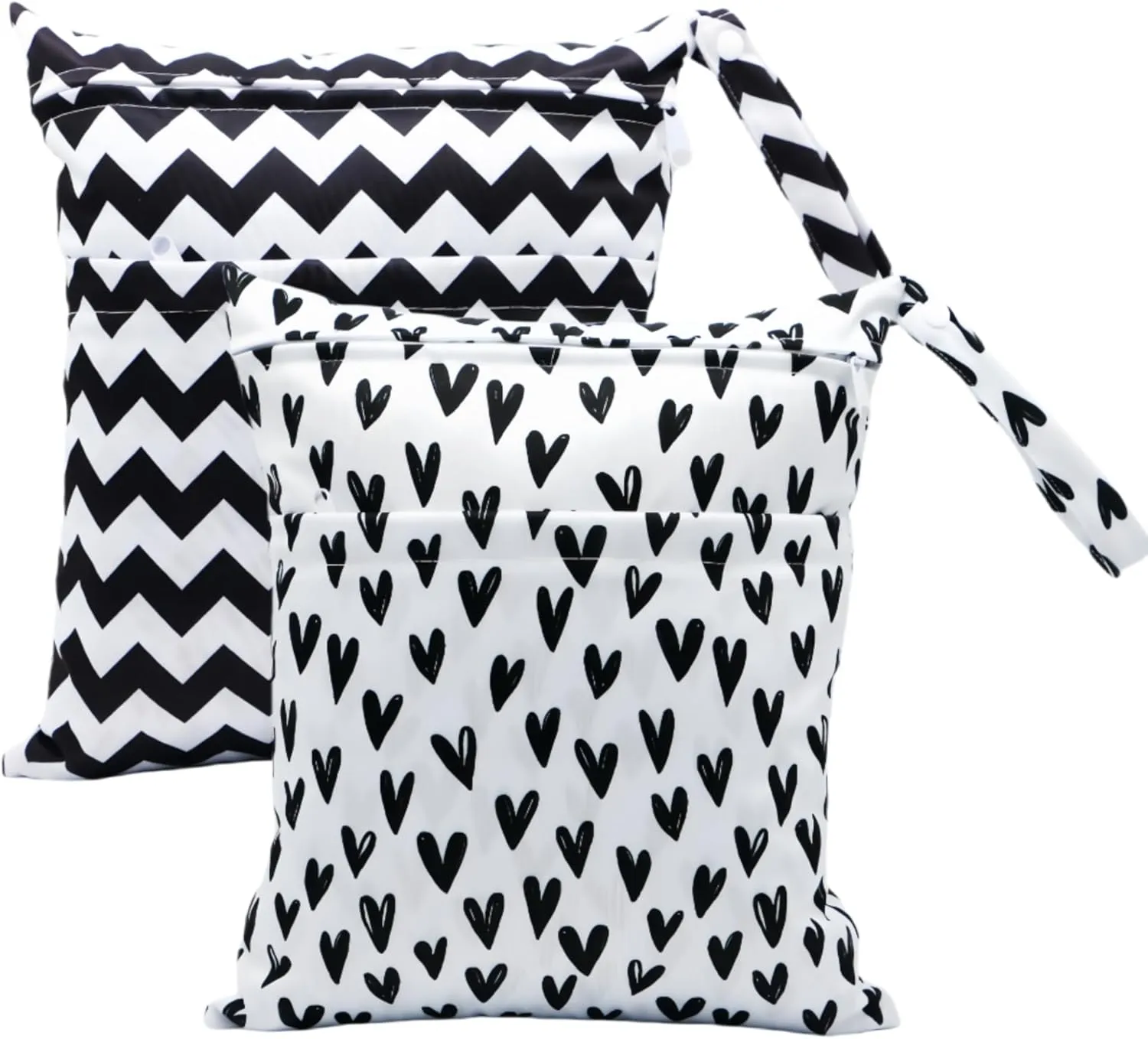 2pcs Cloth Diaper Wet Dry Bags Waterproof Reusable with Two Zippered Pockets Travel Beach Pool Daycare Soiled Baby Items Yoga Gym Bag for Swimsuits or Wet Clothes (BLACK HEART)