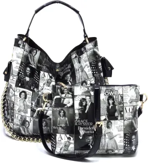 2PCS SET Michelle Obama Magazine Collage 2-in-1 Hobo, Satchel Bag,Crossbody, Clutch,Wallet 2pcs set