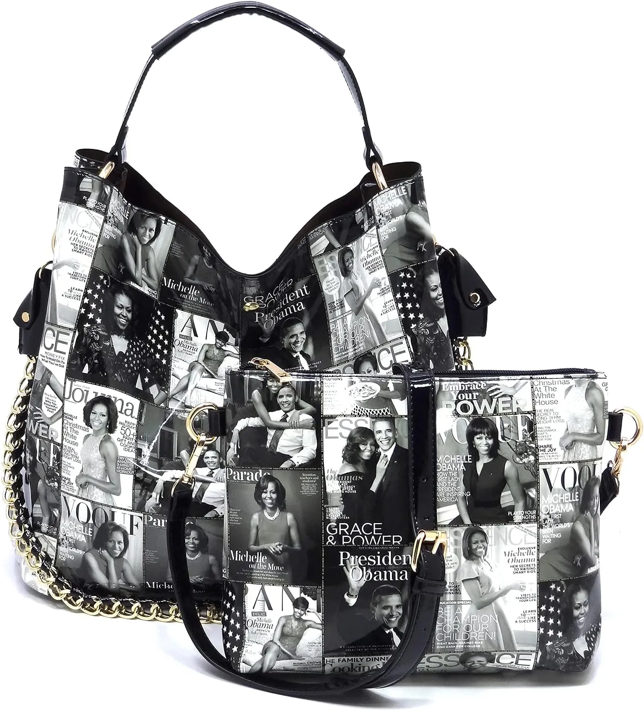 2PCS SET Michelle Obama Magazine Collage 2-in-1 Hobo, Satchel Bag,Crossbody, Clutch,Wallet 2pcs set