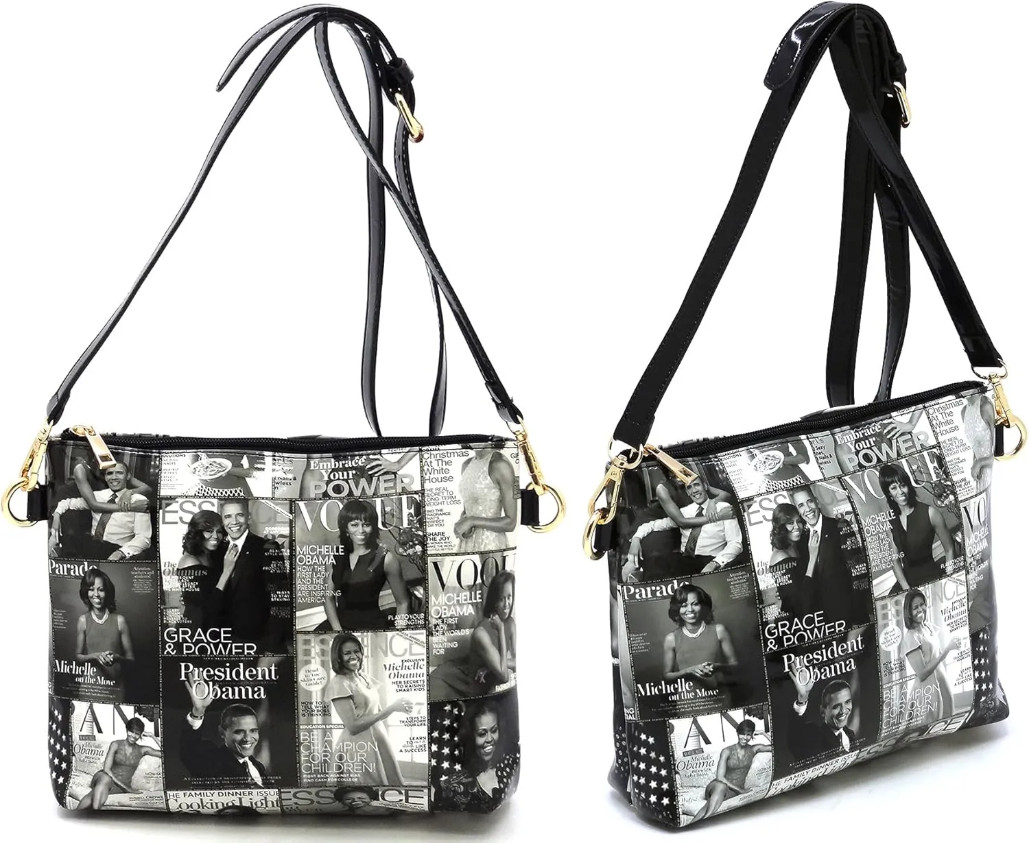 2PCS SET Michelle Obama Magazine Collage 2-in-1 Hobo, Satchel Bag,Crossbody, Clutch,Wallet 2pcs set
