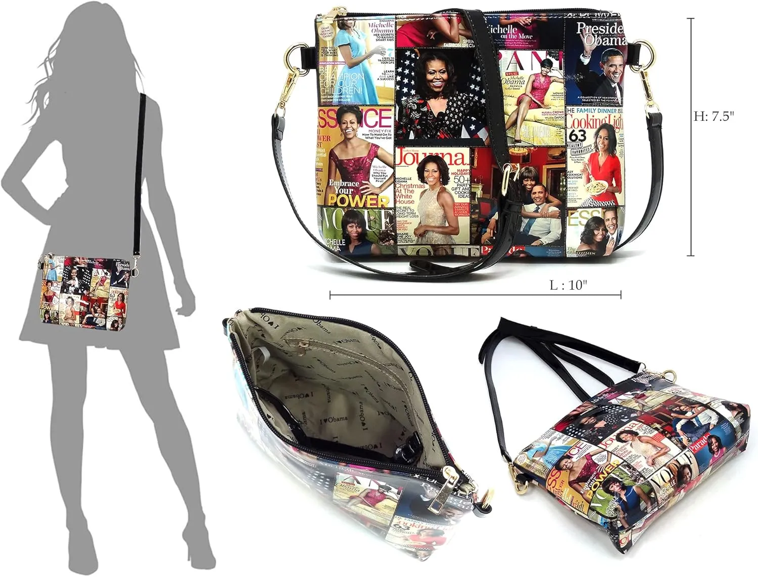 2PCS SET Michelle Obama Magazine Collage 2-in-1 Hobo, Satchel Bag,Crossbody, Clutch,Wallet 2pcs set