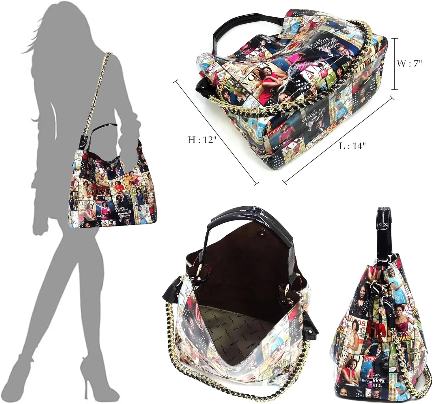 2PCS SET Michelle Obama Magazine Collage 2-in-1 Hobo, Satchel Bag,Crossbody, Clutch,Wallet 2pcs set