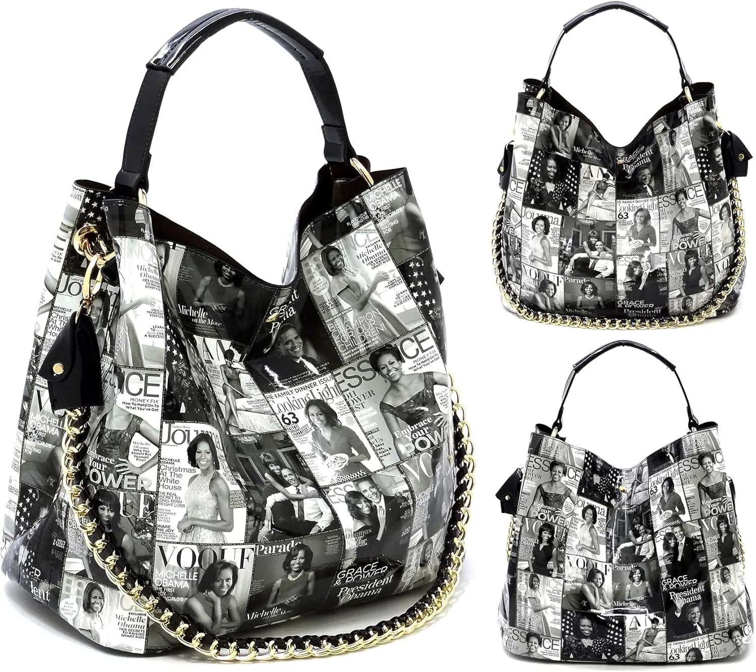2PCS SET Michelle Obama Magazine Collage 2-in-1 Hobo, Satchel Bag,Crossbody, Clutch,Wallet 2pcs set
