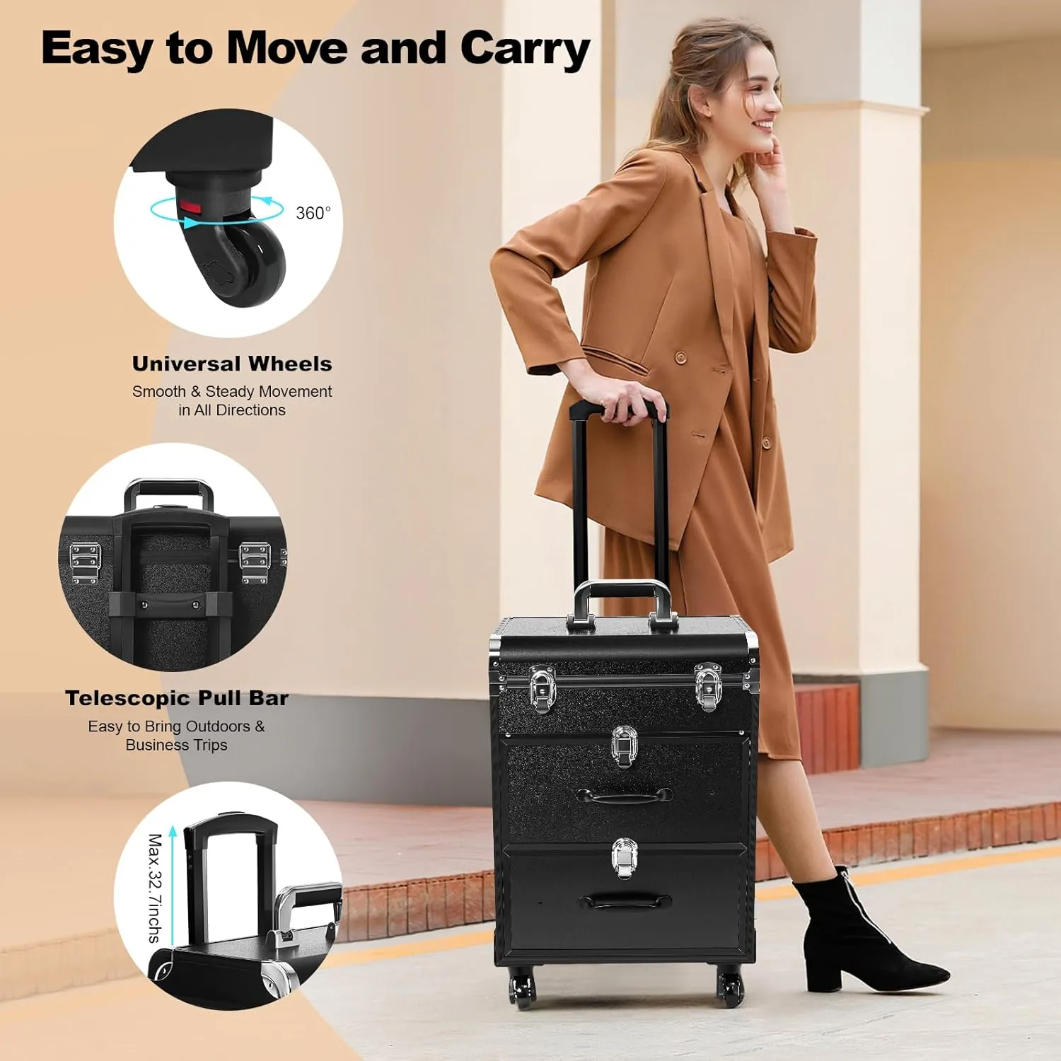 3 layers Aluminum Rolling Makeup Case, Travel Portable Beauty Luggage Trolley Lockable w/ 360° Universal Wheel, Professional Rolling Makeup Train Case Makeup Artists Cosmetic Organizer (Black)