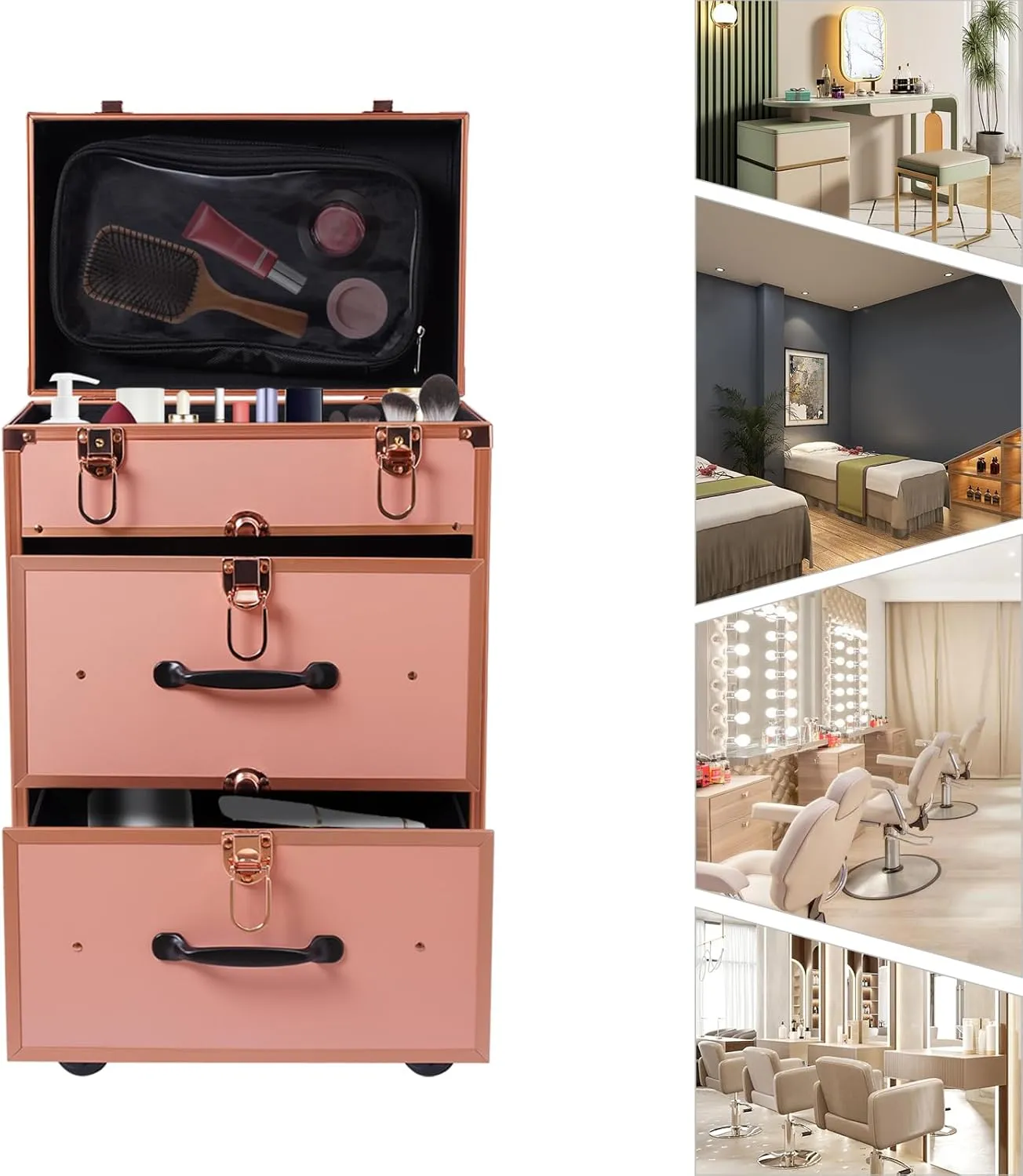 3 layers Aluminum Rolling Makeup Case, Travel Portable Beauty Luggage Trolley Lockable w/ 360° Universal Wheel, Professional Rolling Makeup Train Case Makeup Artists Cosmetic Organizer (Gold)