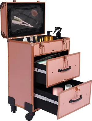 3 Layers Professional Rolling Makeup Case, 360° Swivel Wheels Rolling Cosmetic Trolley w/Retractable Handle, Makeup Travel Case Suitable for Make-Up Artists, Beauticians, Rose Gold