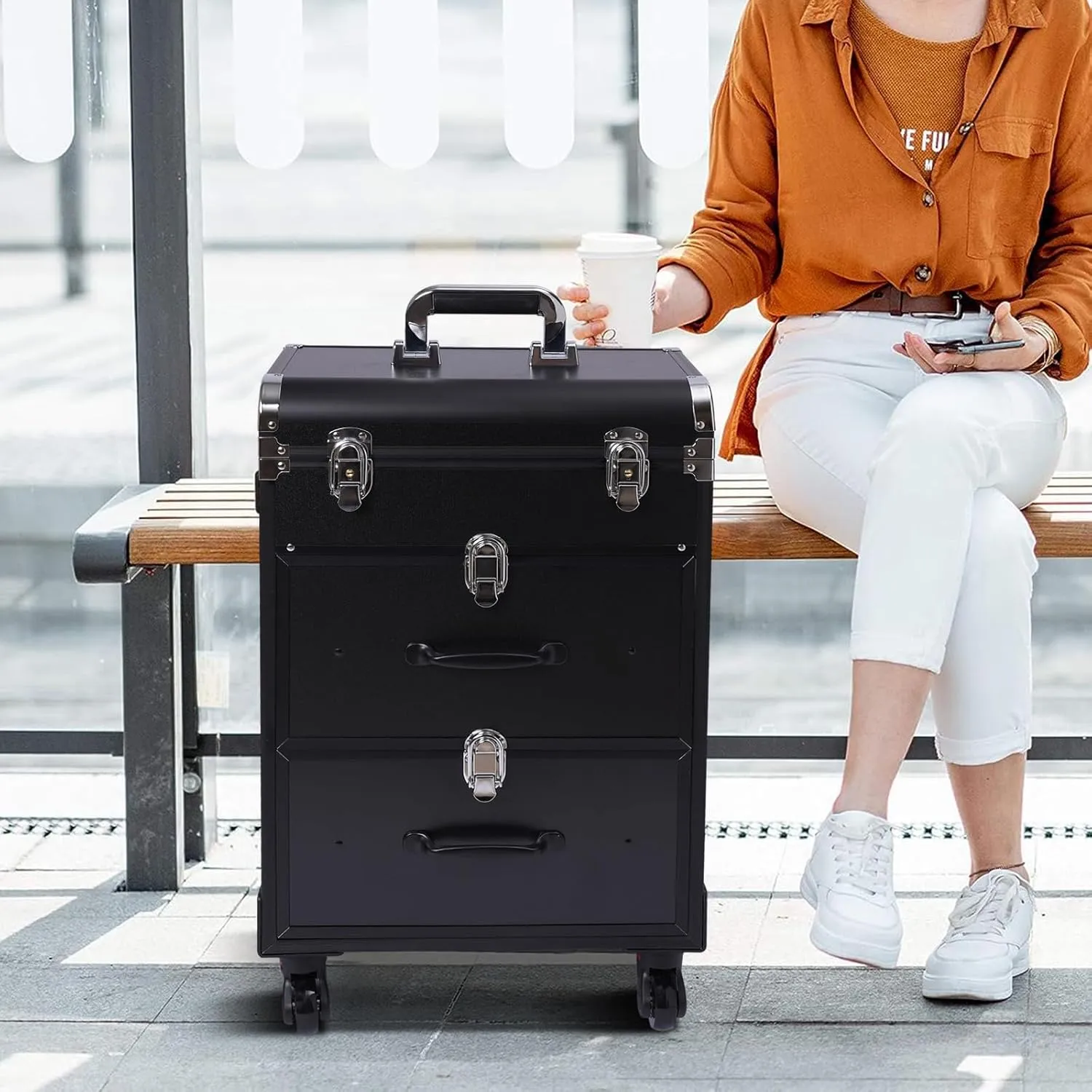 3-Tiers Rolling Makeup Train Case Lockable Makeup Beauty Salon Luggage Hairdressing Trolley Travel Organizer Tool Box for professional make-up artists,hairdressers,14.2*9.1*22.8inch (Black)