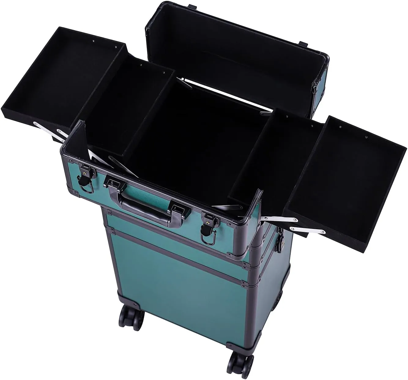 4 in 1 Aluminum Rolling Makeup Trolley Case,Professional Aluminum Rolling Cosmetic Trolley Train Case,Portable Makeup Organizer Suitcase,with Wheels,for Nail Tech Hairstylist Barber (Dark Green)