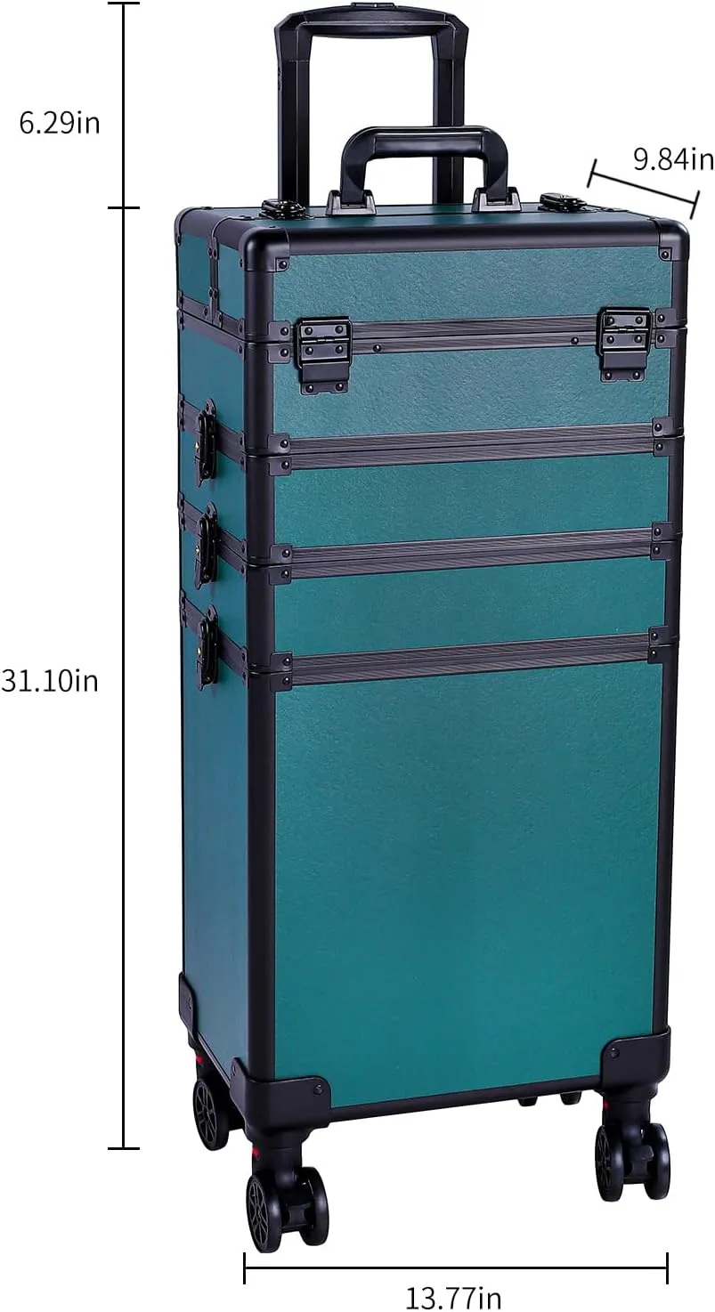4 in 1 Aluminum Rolling Makeup Trolley Case,Professional Aluminum Rolling Cosmetic Trolley Train Case,Portable Makeup Organizer Suitcase,with Wheels,for Nail Tech Hairstylist Barber (Dark Green)