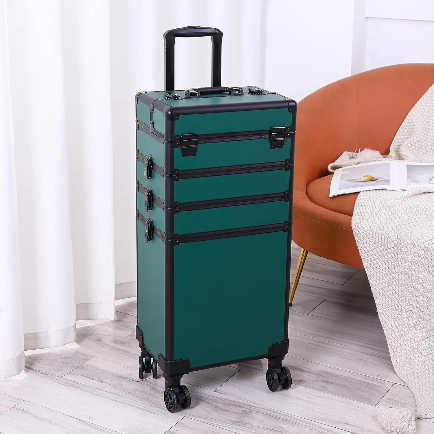 4 in 1 Aluminum Rolling Makeup Trolley Case,Professional Aluminum Rolling Cosmetic Trolley Train Case,Portable Makeup Organizer Suitcase,with Wheels,for Nail Tech Hairstylist Barber (Dark Green)