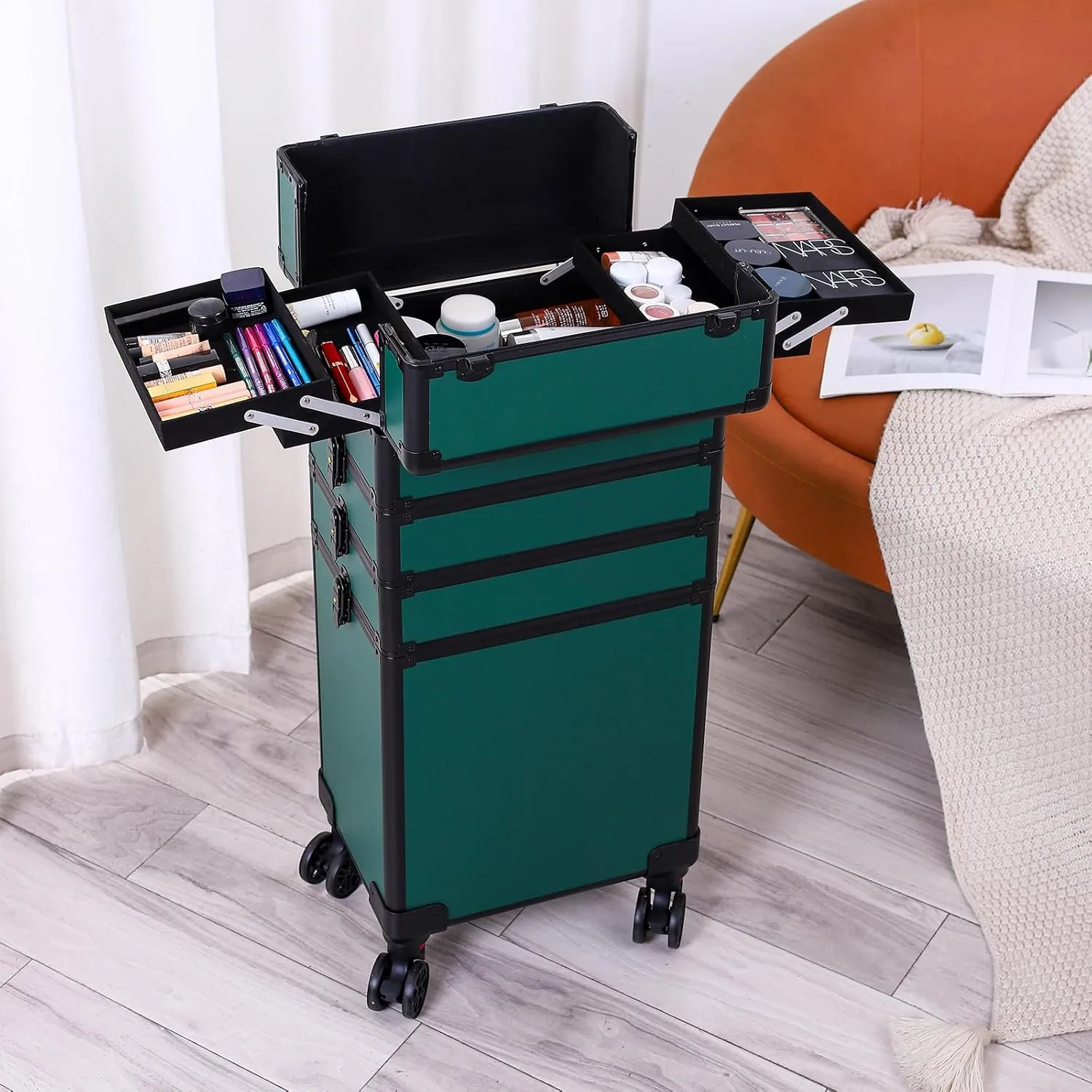 4 in 1 Aluminum Rolling Makeup Trolley Case,Professional Aluminum Rolling Cosmetic Trolley Train Case,Portable Makeup Organizer Suitcase,with Wheels,for Nail Tech Hairstylist Barber (Dark Green)