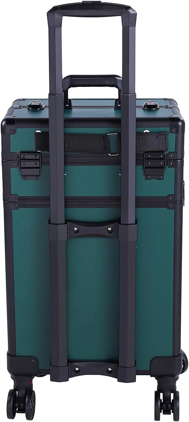 4 in 1 Aluminum Rolling Makeup Trolley Case,Professional Aluminum Rolling Cosmetic Trolley Train Case,Portable Makeup Organizer Suitcase,with Wheels,for Nail Tech Hairstylist Barber (Dark Green)