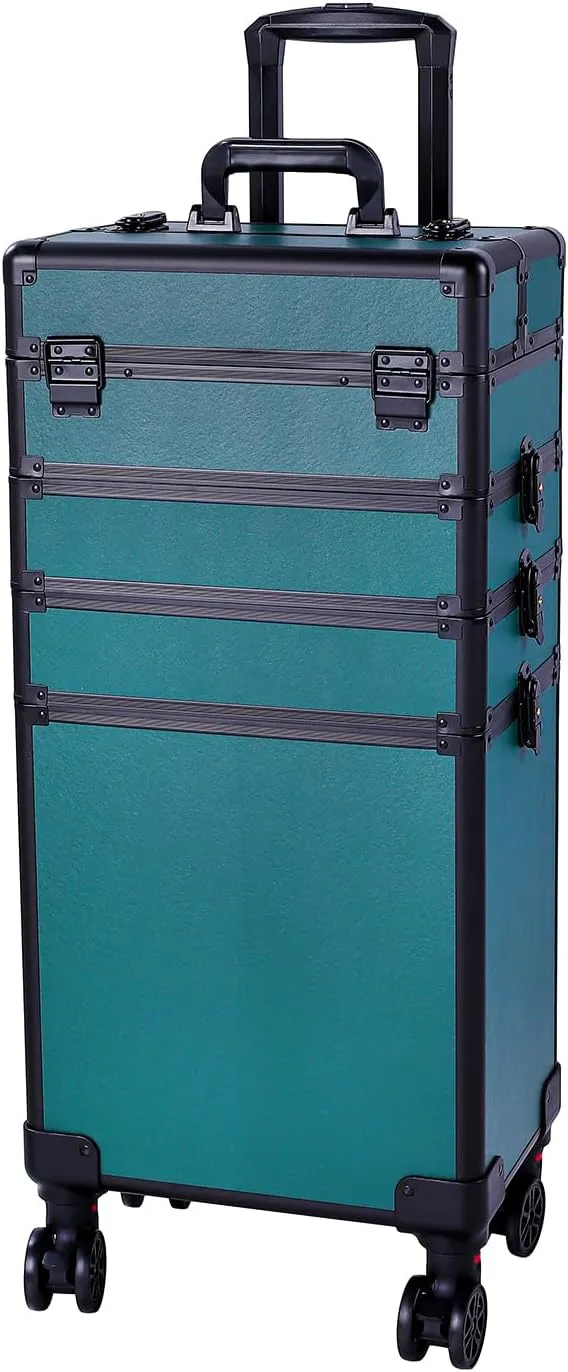 4 in 1 Aluminum Rolling Makeup Trolley Case,Professional Aluminum Rolling Cosmetic Trolley Train Case,Portable Makeup Organizer Suitcase,with Wheels,for Nail Tech Hairstylist Barber (Dark Green)