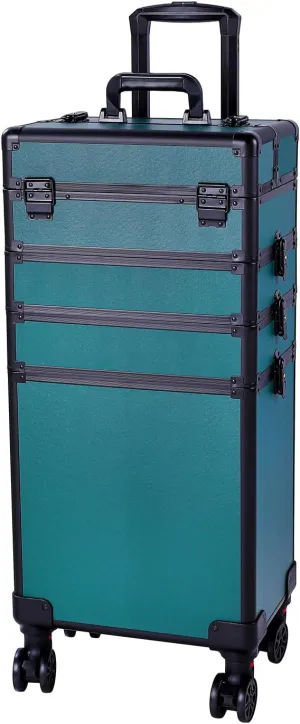 4 in 1 Aluminum Rolling Makeup Trolley Case,Professional Aluminum Rolling Cosmetic Trolley Train Case,Portable Makeup Organizer Suitcase,with Wheels,for Nail Tech Hairstylist Barber (Dark Green)