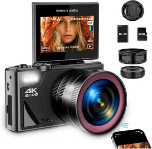 4K Digital Camera for Photography, 64MP WiFi Autofocus Vlogging for YouTube With Super Wide-Angle & Macro Lens, 3" 180 Flip Screen, Video Compact Travel for Beginner, Black