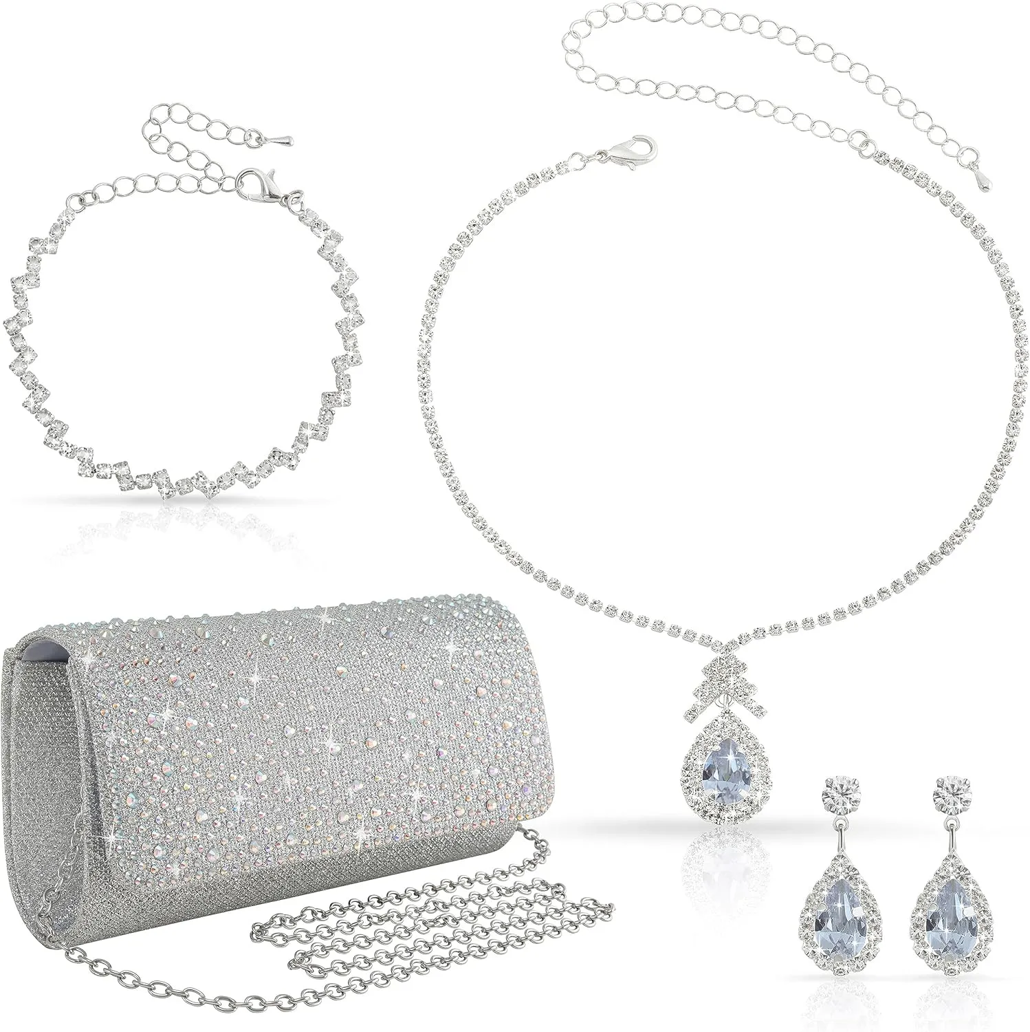 4Pcs Silver Clutch Formal Purse Bag Jewelry Set for Women Evening Handbags Bling Rhinestone Necklace Earrings Bracelet Clutches Set for Women(Bling Style)