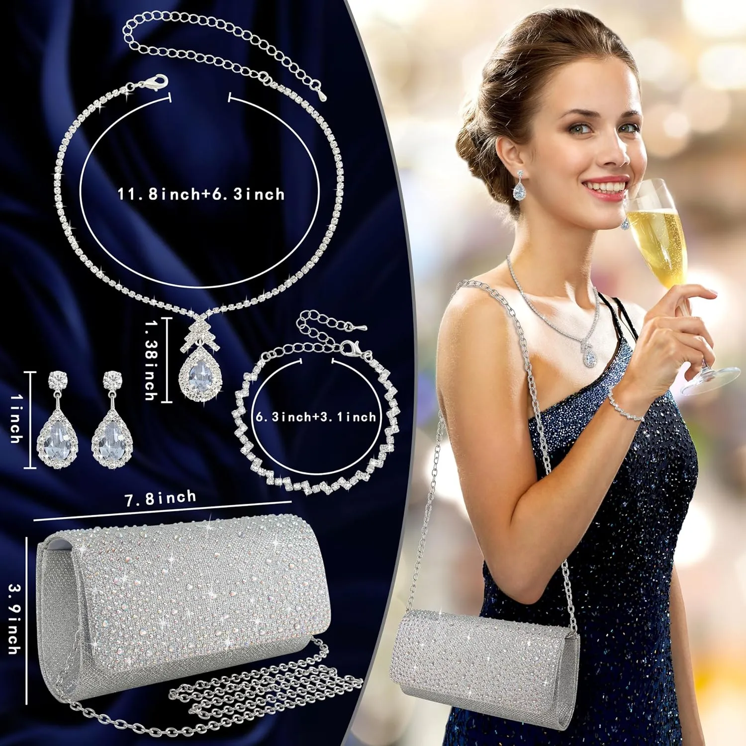 4Pcs Silver Clutch Formal Purse Bag Jewelry Set for Women Evening Handbags Bling Rhinestone Necklace Earrings Bracelet Clutches Set for Women(Bling Style)