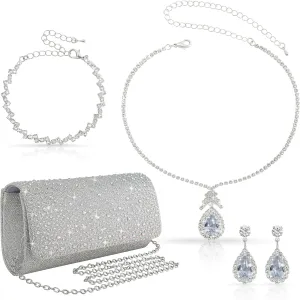 4Pcs Silver Clutch Formal Purse Bag Jewelry Set for Women Evening Handbags Bling Rhinestone Necklace Earrings Bracelet Clutches Set for Women(Bling Style)