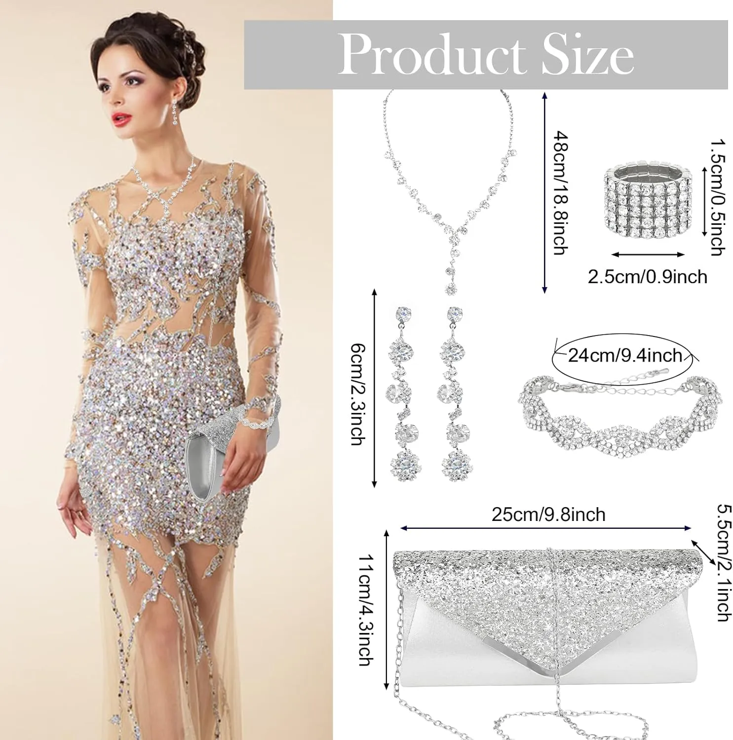 5 Pieces Clutch Purse Rhinestone Jewelry Sets for Women Prom Necklace Earrings Bracelet Ring Bling Glitter Purse Formal Jewelry for Women Evening Wear
