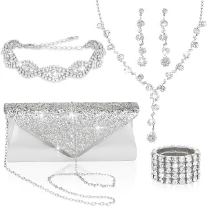 5 Pieces Clutch Purse Rhinestone Jewelry Sets for Women Prom Necklace Earrings Bracelet Ring Bling Glitter Purse Formal Jewelry for Women Evening Wear