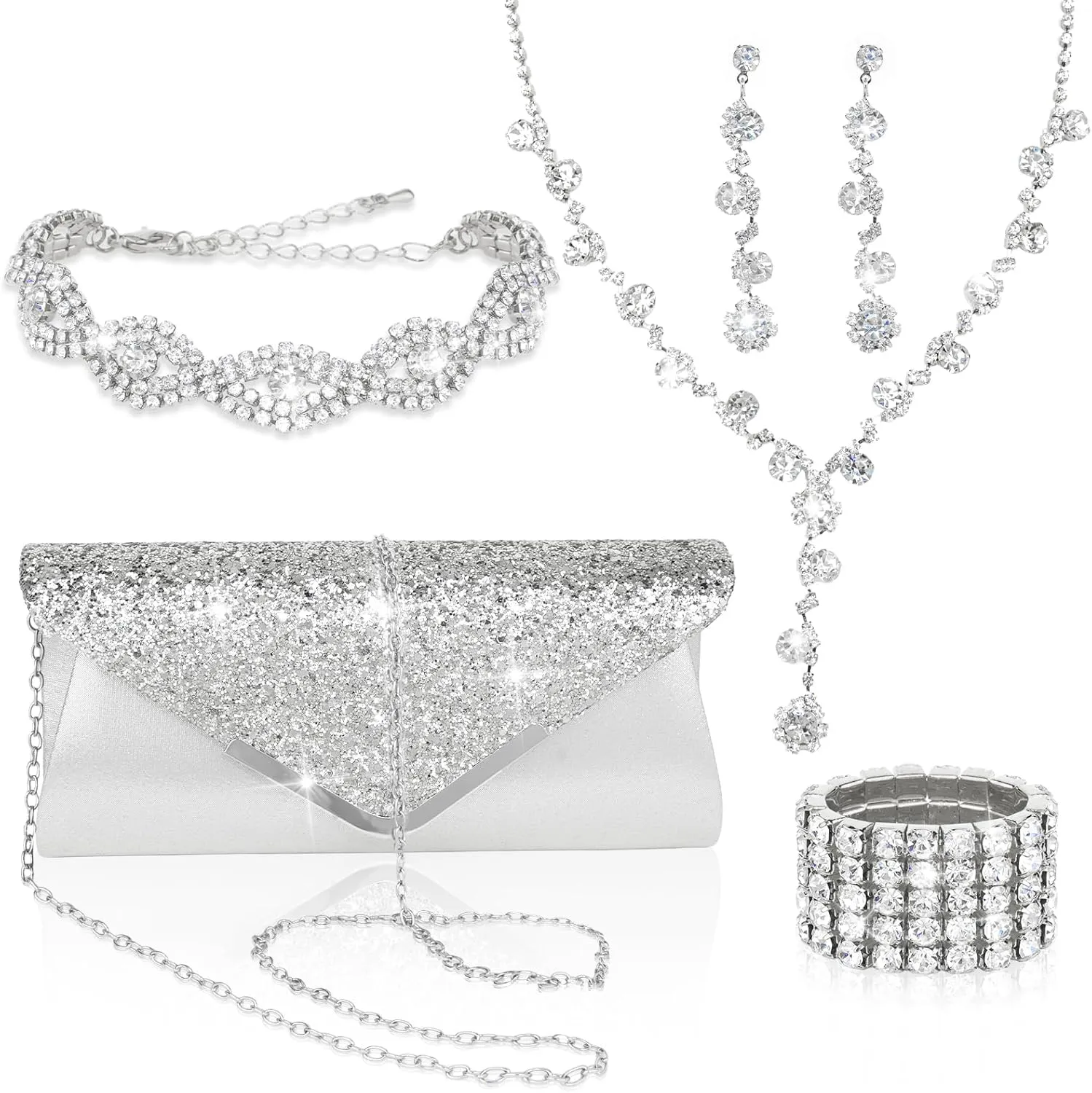 5 Pieces Clutch Purse Rhinestone Jewelry Sets for Women Prom Necklace Earrings Bracelet Ring Bling Glitter Purse Formal Jewelry for Women Evening Wear